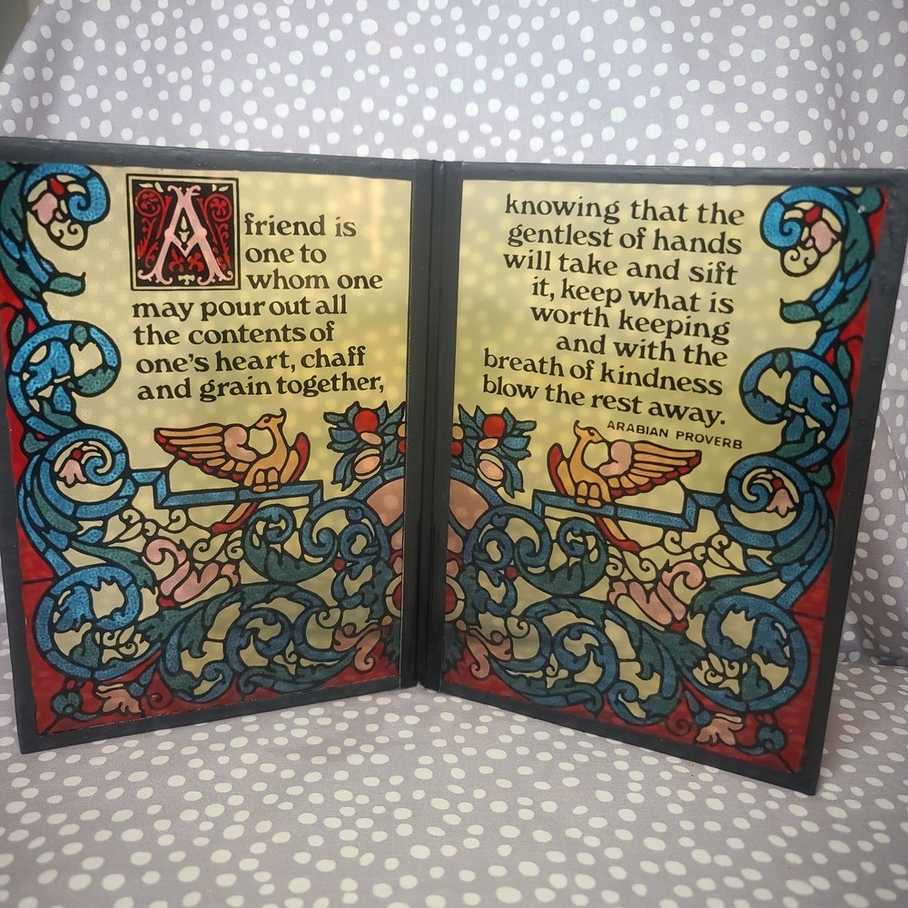 Vintage Paneled Stained Glass Bifold Look "A Friend Is One To Whom" VTG Gift
